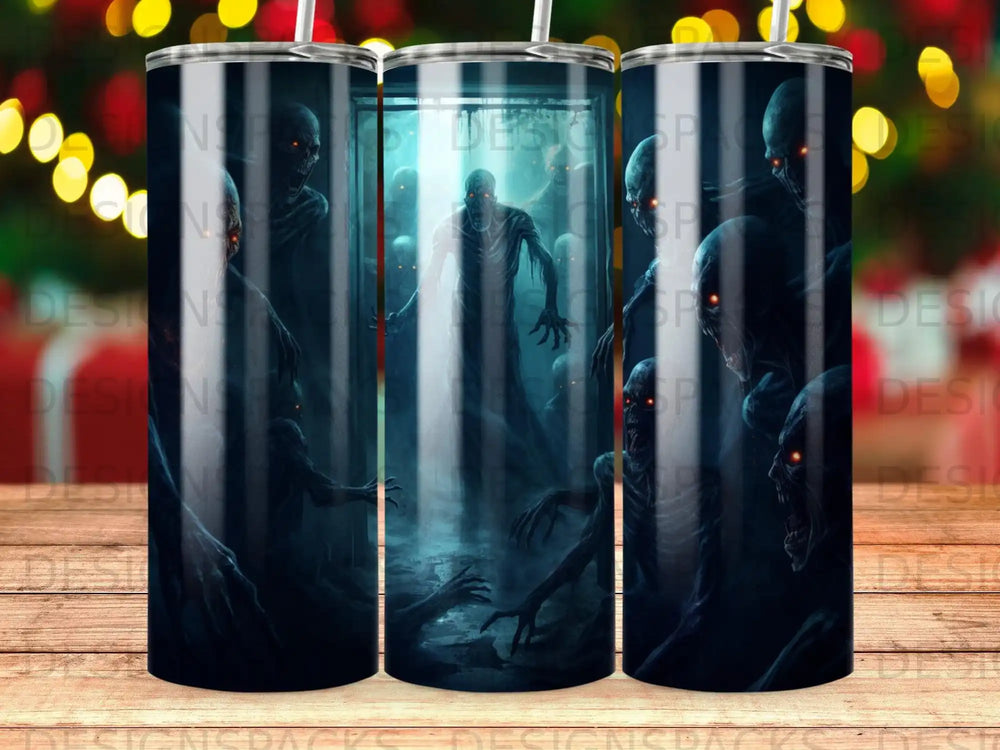 Zombies emerge from a dark, misty hallway in a digital illustration.