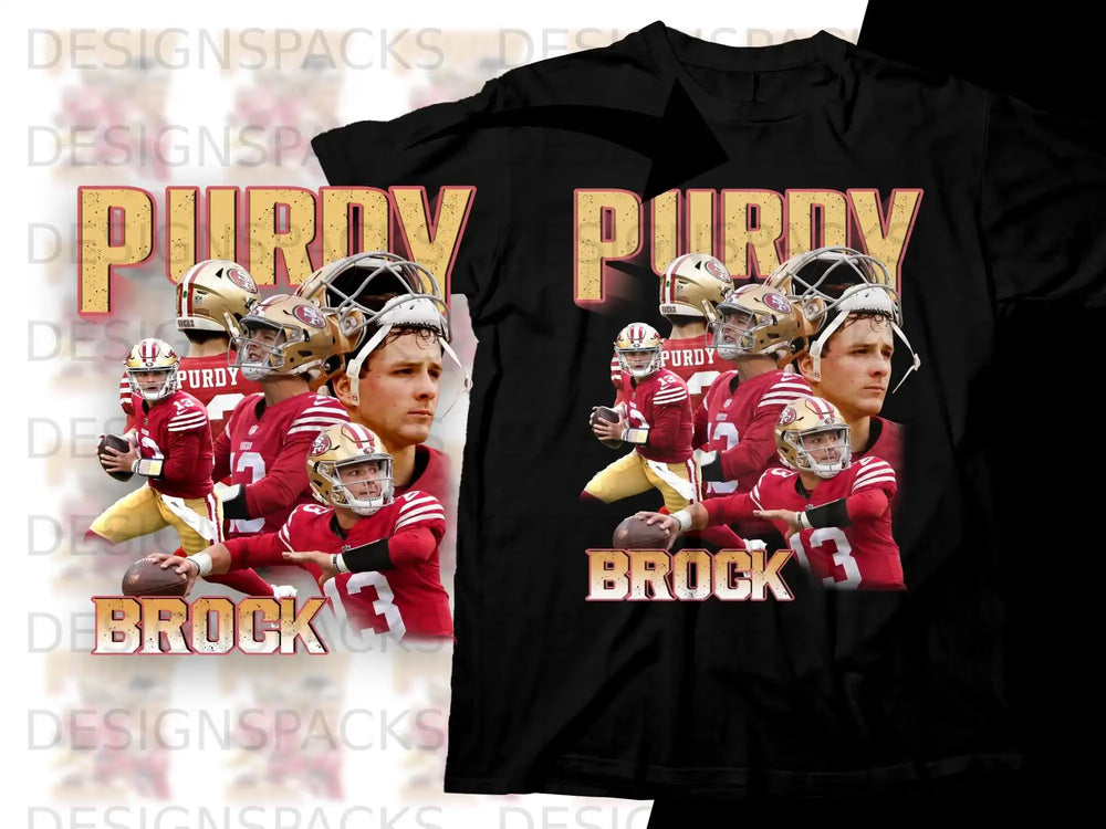 Brock Purdy 13 on red and white t-shirts with his image.