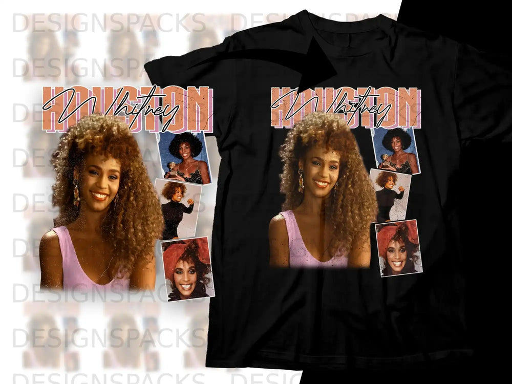 Whitney Houston graphic tee with colorful photo collage and "Houston" text.