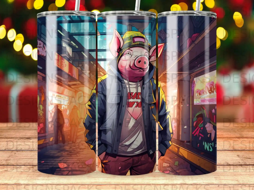 Anthropomorphic pig wearing a backwards baseball cap and jacket stands in a vibrant city street.