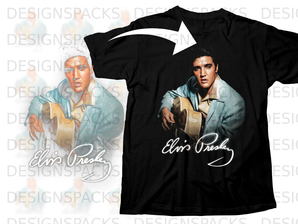 Black t-shirt with Elvis Presley portrait and signature graphic.