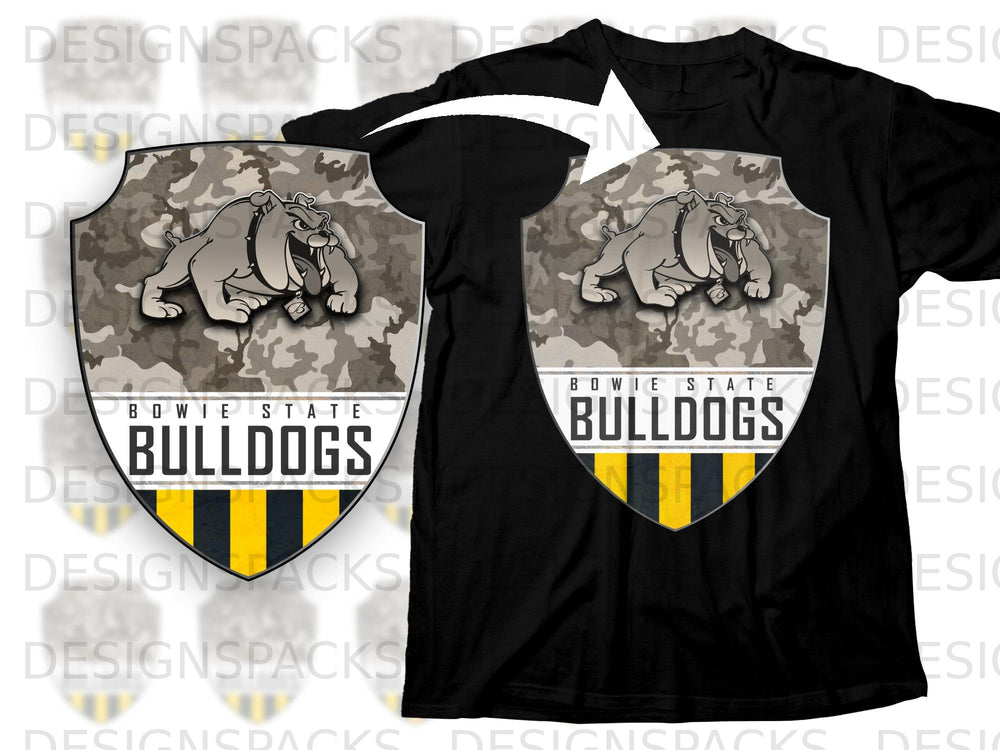 Black t-shirt with a shield logo featuring a bulldog and "Bowie State Bulldogs".