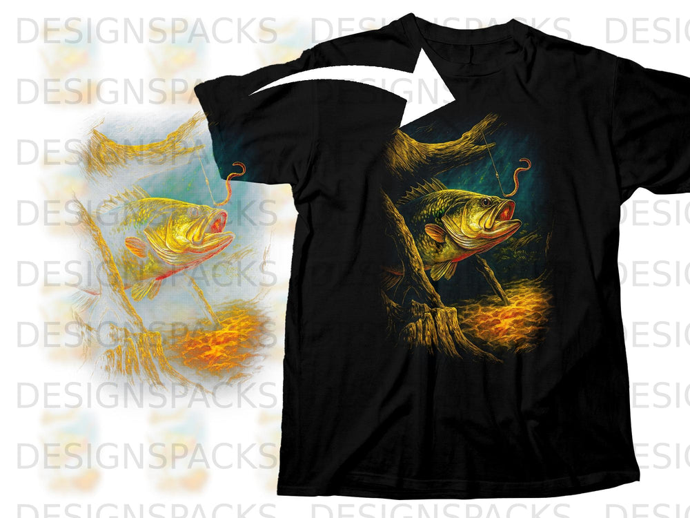 Black t-shirt with a largemouth bass lunging for a worm on a fishing hook.