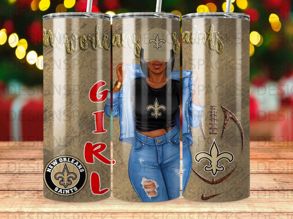 New Orleans Saints logo and football pattern on a tumbler.