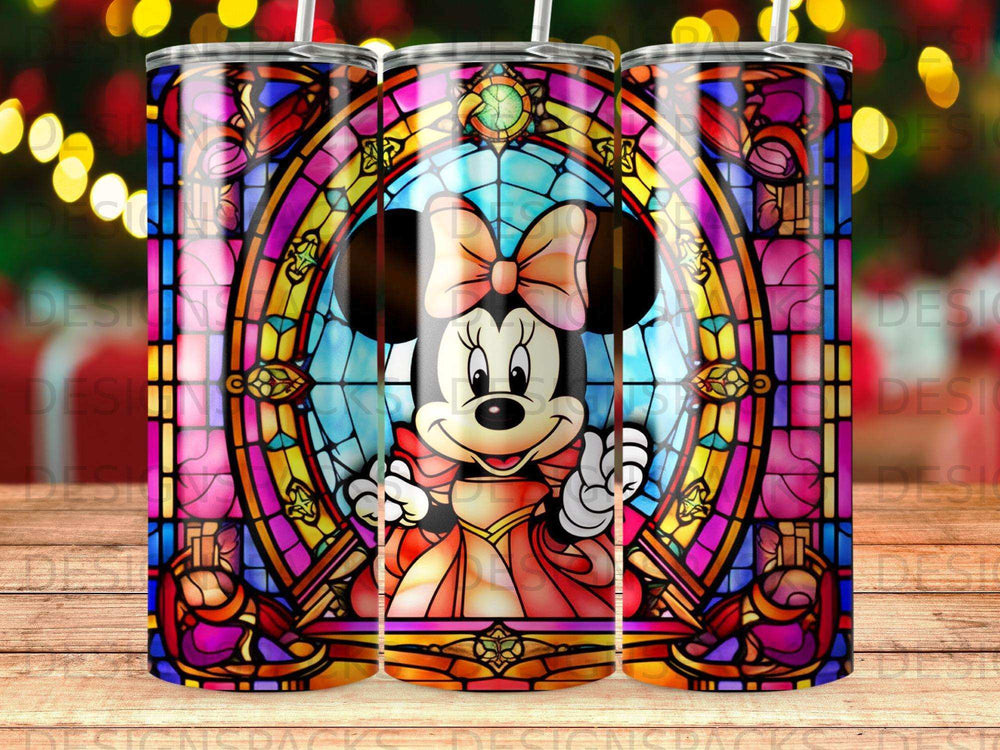 Minnie Mouse in stained glass window design on a tumbler.