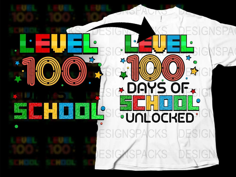 Level 100 Days of School Unlocked T-Shirt, Colorful Celebration Tee for Kids, Teacher's Gift Idea