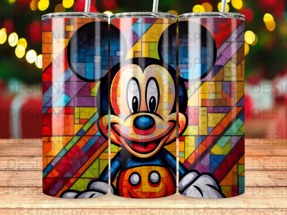 Mickey Mouse smiling in front of a colorful stained-glass pattern.