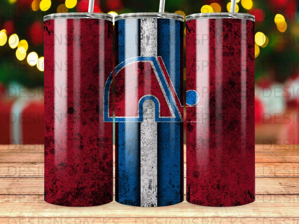 Quebec Nordiques logo on textured red and blue cylindrical tumblers.