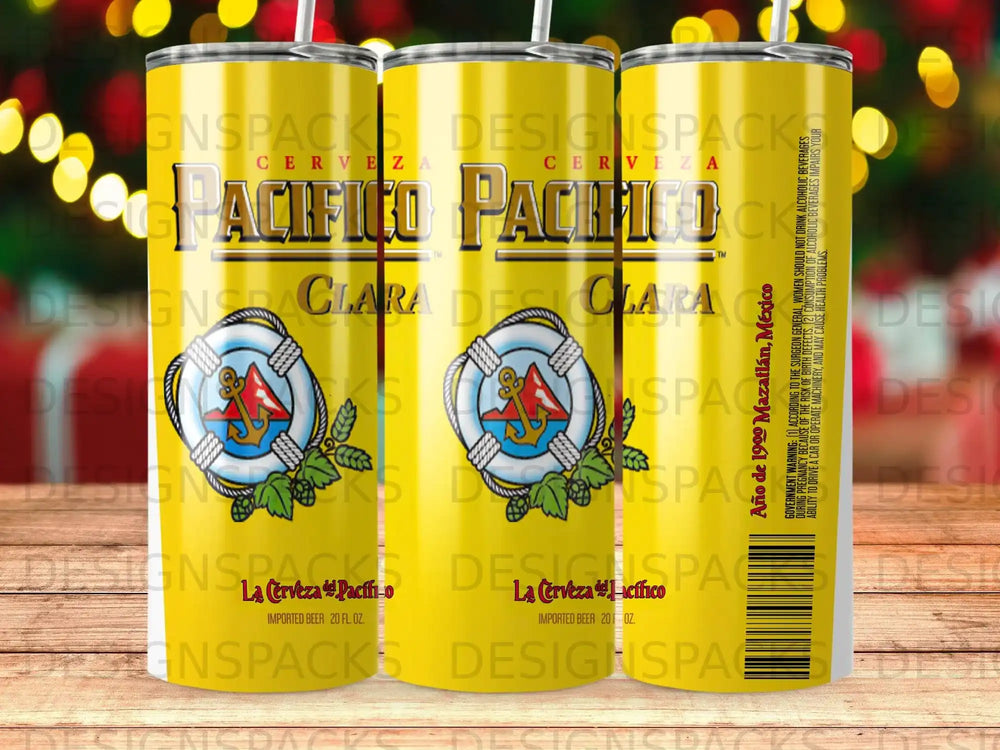 Yellow tumbler with Pacifico beer logo and warning labels.