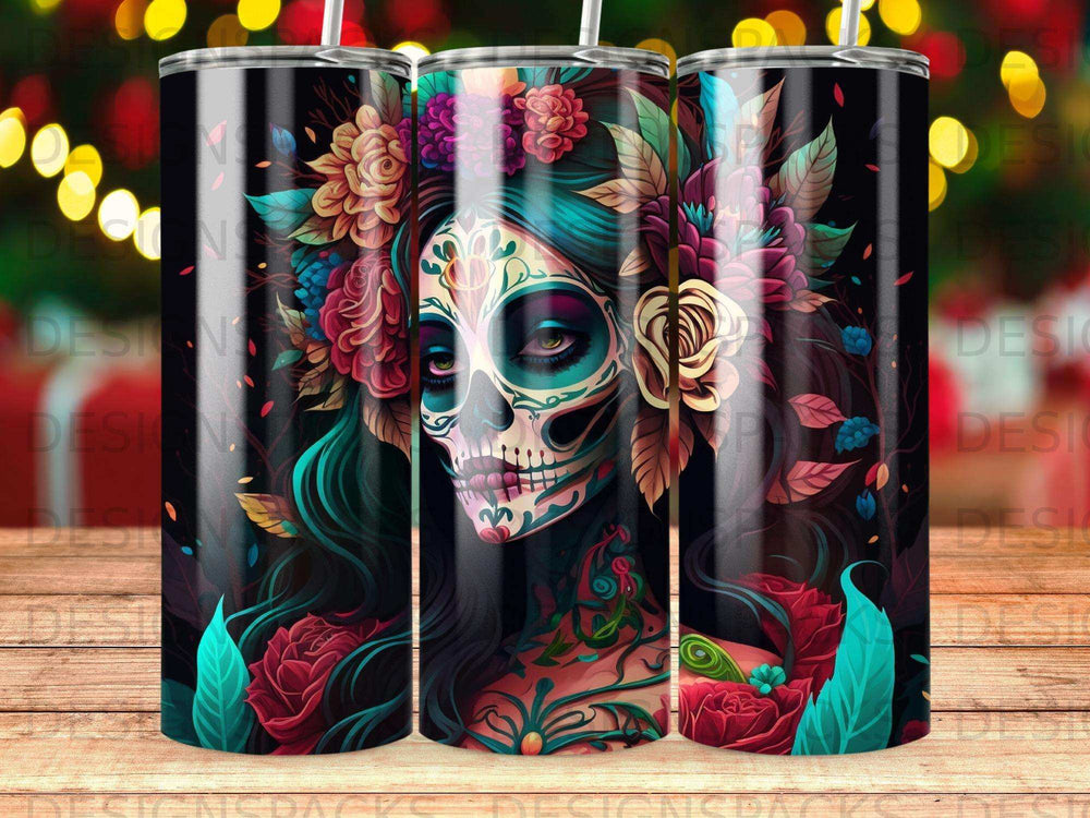 Sugar skull woman with flowers and green leaves, a vibrant tumbler design.