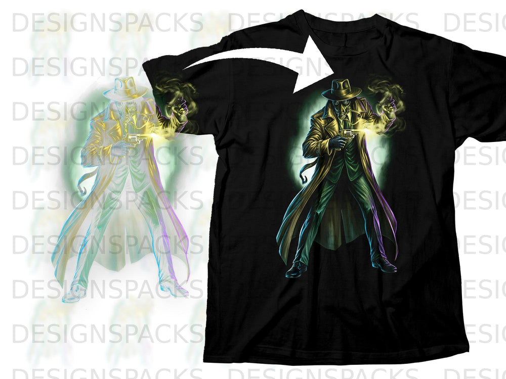 Black t-shirt with a vintage plague doctor holding a glowing gun.