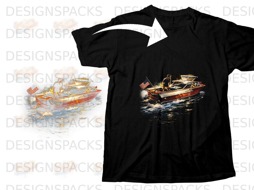 Black t-shirt with graphic of a man driving a speedboat with American flag.
