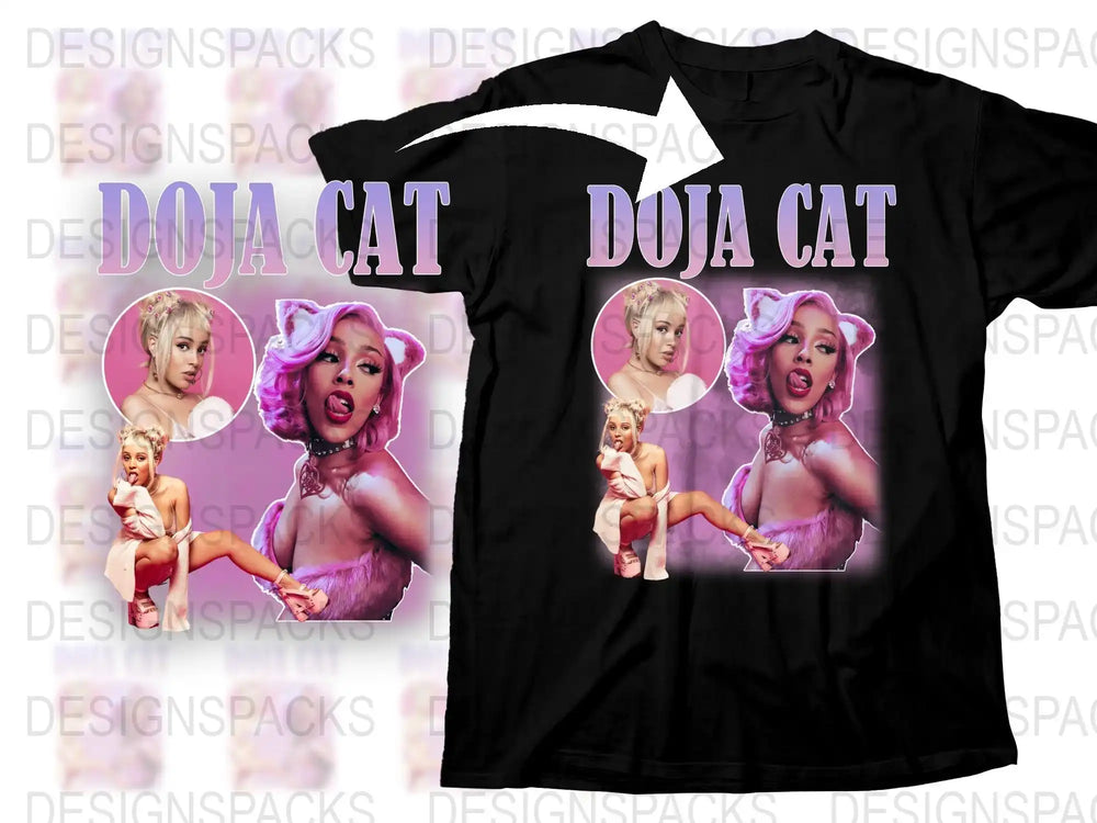 Doja Cat Graphic T-Shirt, Music Artist Fan Merch, Pop Culture Tee, Black Cotton Shirt with Pink Visuals