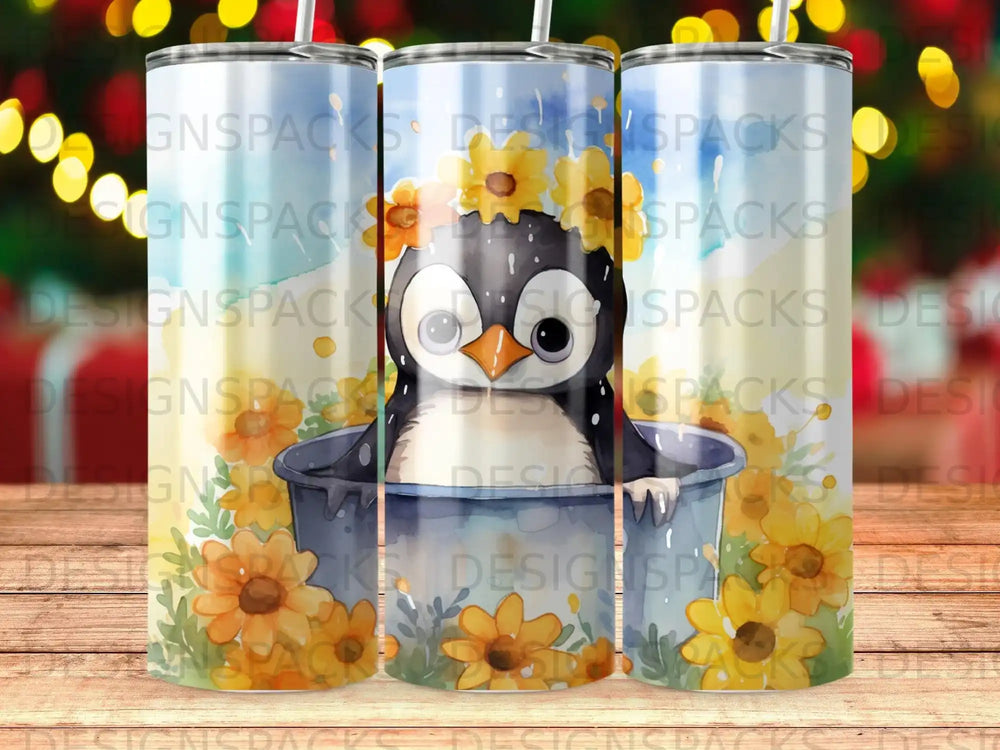 Penguin in bucket with sunflowers, white background with blurred holiday lights.