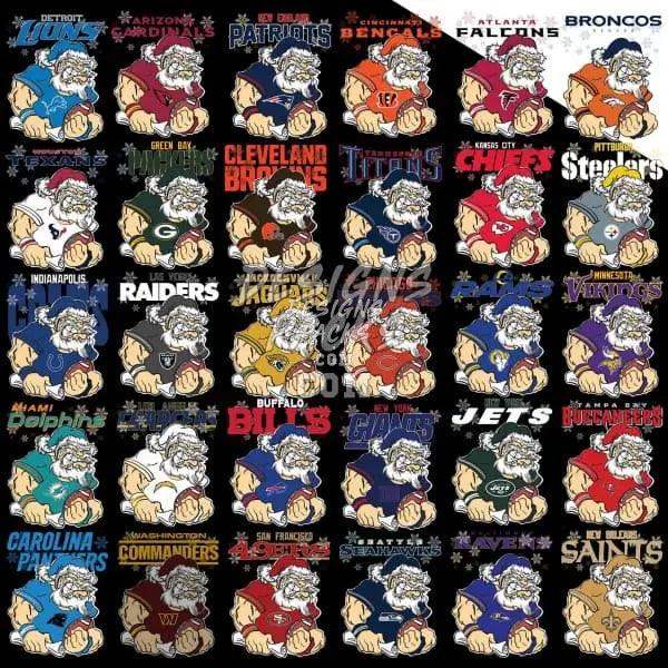 NFL team Santa Claus designs for DTF, DTG, embroidery – print-ready PNG, SVG, PES bundles
