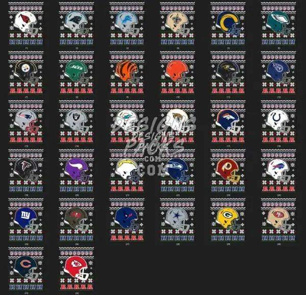 NFL team helmets on festive ugly sweater patterns, print-ready for DTG/DTF designs