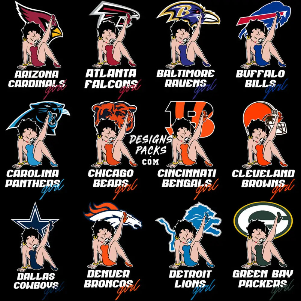 32 Cartoon Betty Football Teams Designs Bundle Png + Ai