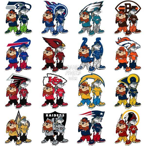 32 Cartoon BUGS TAZ Football Designs Bundle PNG – DESIGNSPACKS