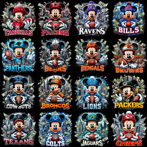 32 Cartoon Mickey Money Football Teams ( Black knockout ) Designs Bundle PNG