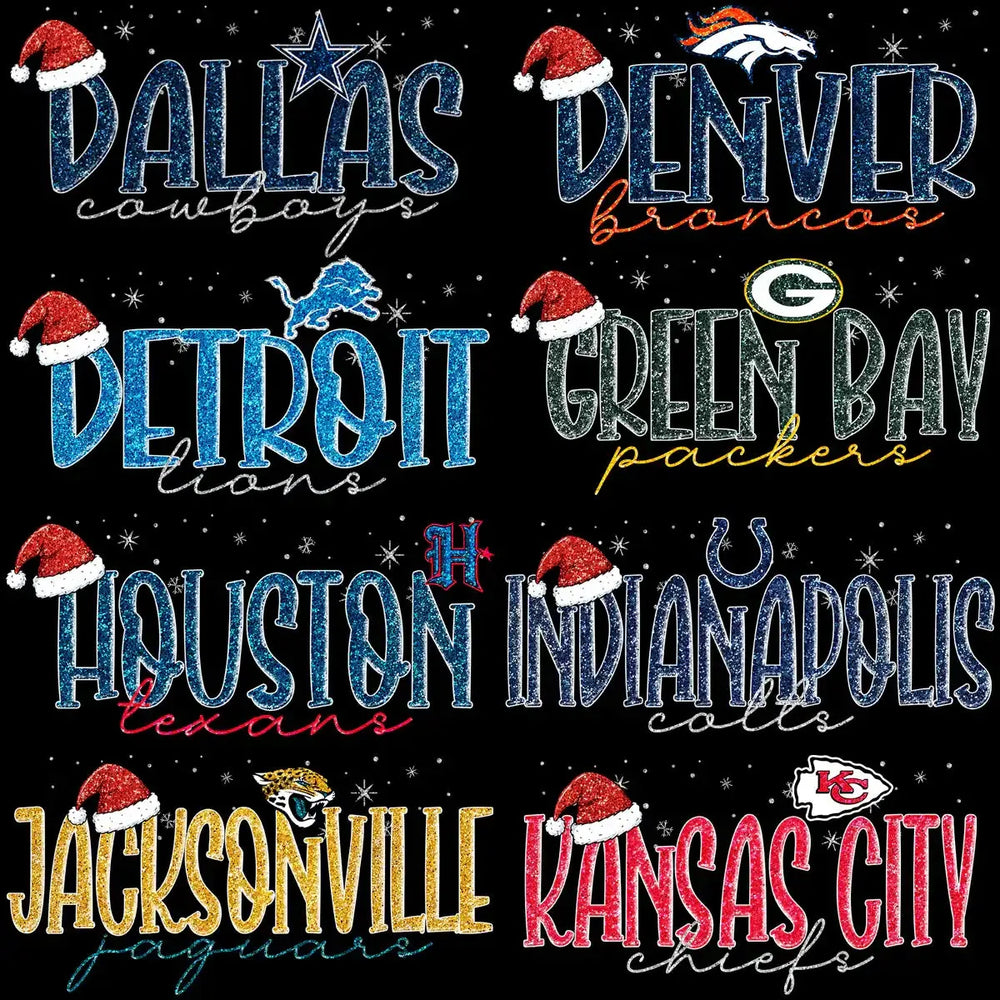 32 Christmas Football Teams Santa Hat Snow Designs Bundle PNG