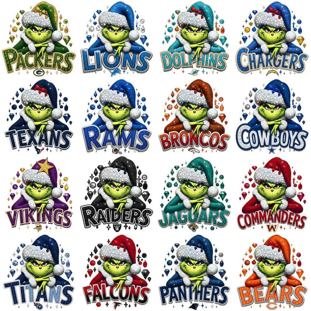 32 Christmas Grinch V2 Glitter Football Teams Designs Bundle PNG