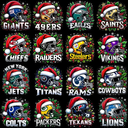 32 Christmas Helmets Football Teams (Black knockout) Designs Bundle PNG