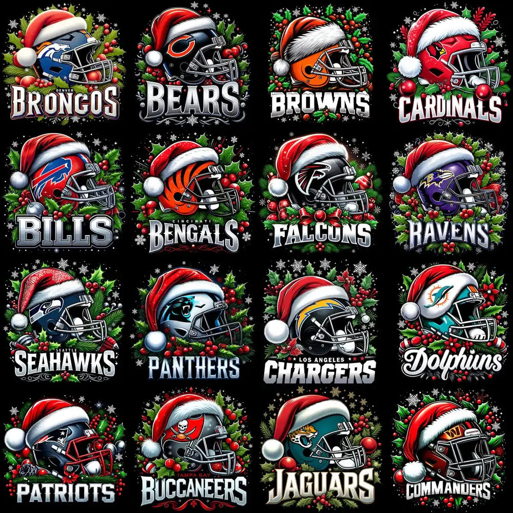 32 Christmas Helmets Football Teams (Black knockout) Designs Bundle PNG