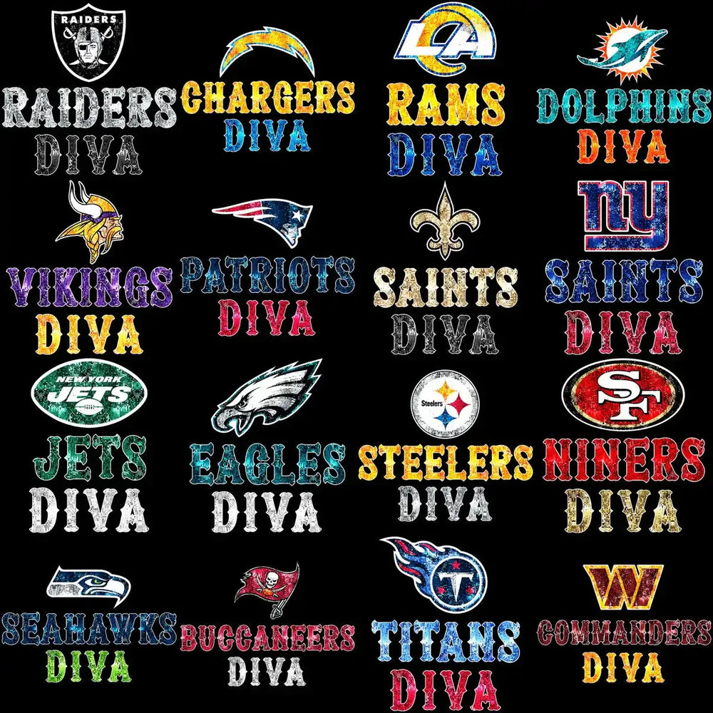 32 Football Diva Logo Teams Glitter Style Designs Bundle PNG