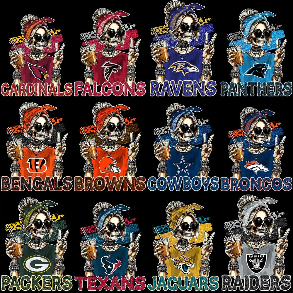 32 Football Logo Teams Skull Girl Drink Designs Bundle PNG