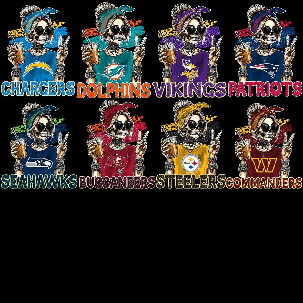 32 Football Logo Teams Skull Girl Drink Designs Bundle PNG