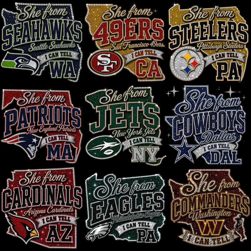 32 Football State Map Teams USA Rhinestone Style Designs Bundle PNG
