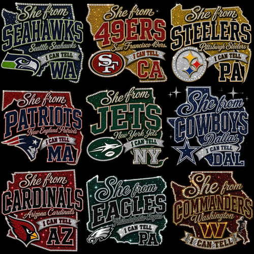 32 Football State Map Teams USA Rhinestone Style Designs Bundle PNG