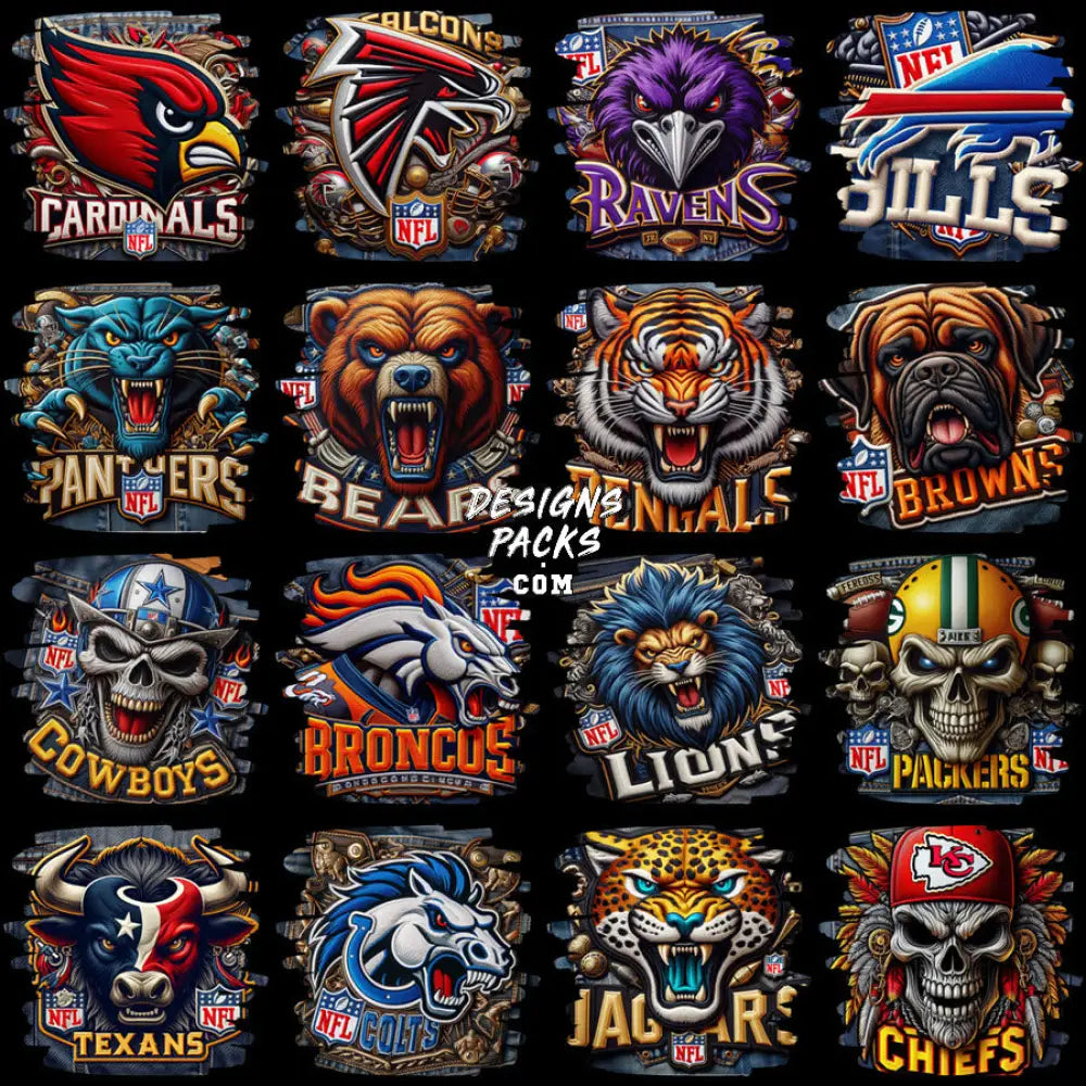 32 Football Teams Denim Sport Designs Bundle Png