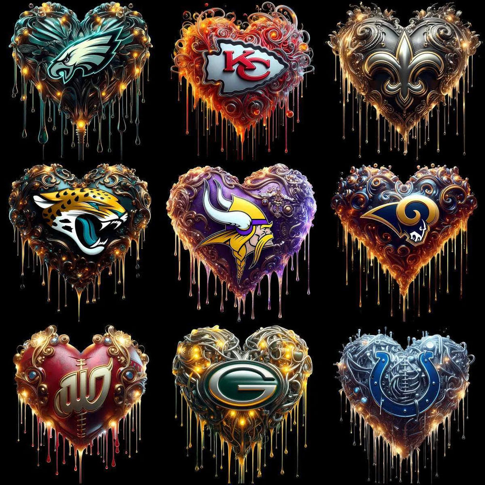 32 Football Teams Dripping Glow Heart Designs Bundle PNG