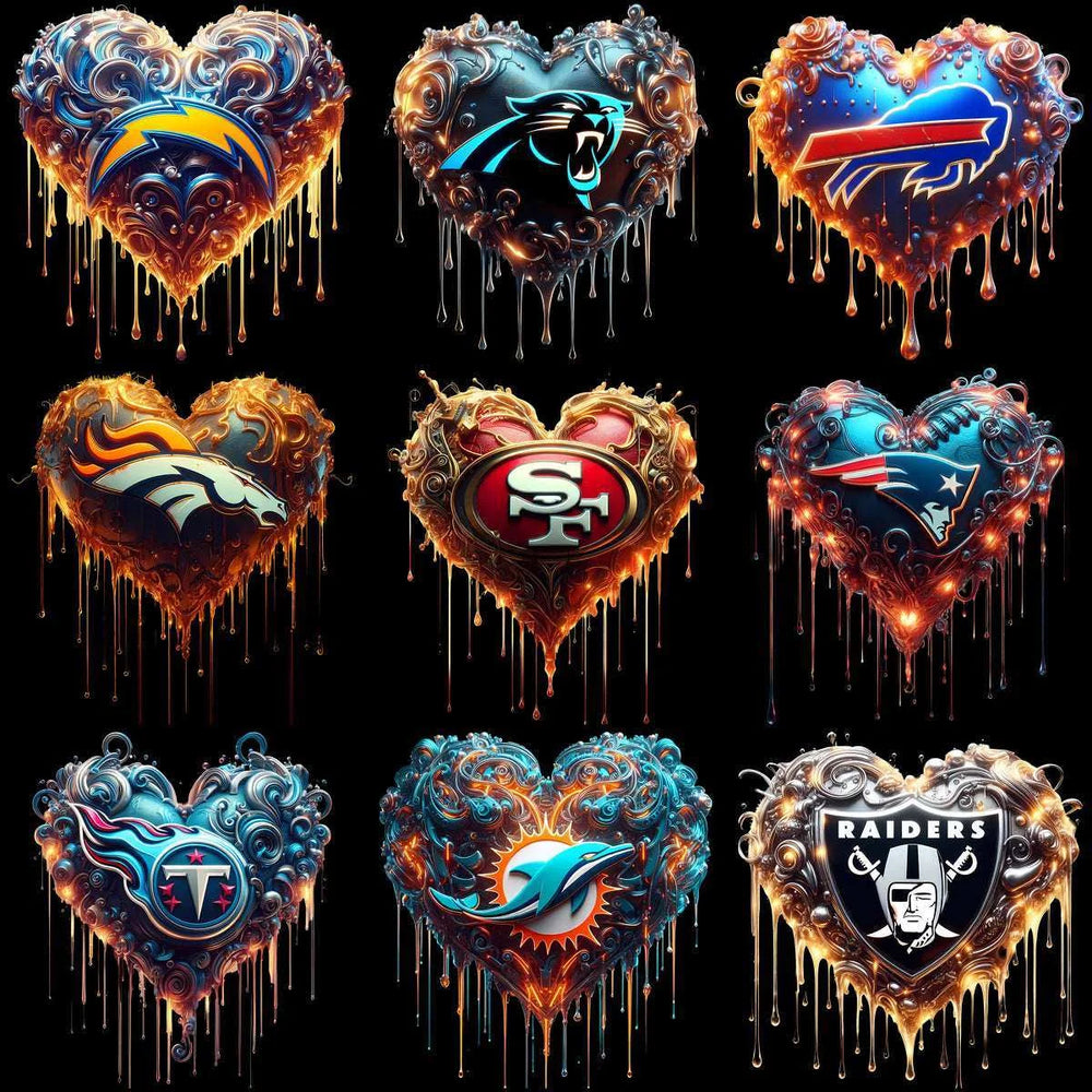 32 Football Teams Dripping Glow Heart Designs Bundle PNG