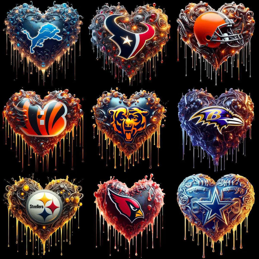 32 Football Teams Dripping Glow Heart Designs Bundle PNG
