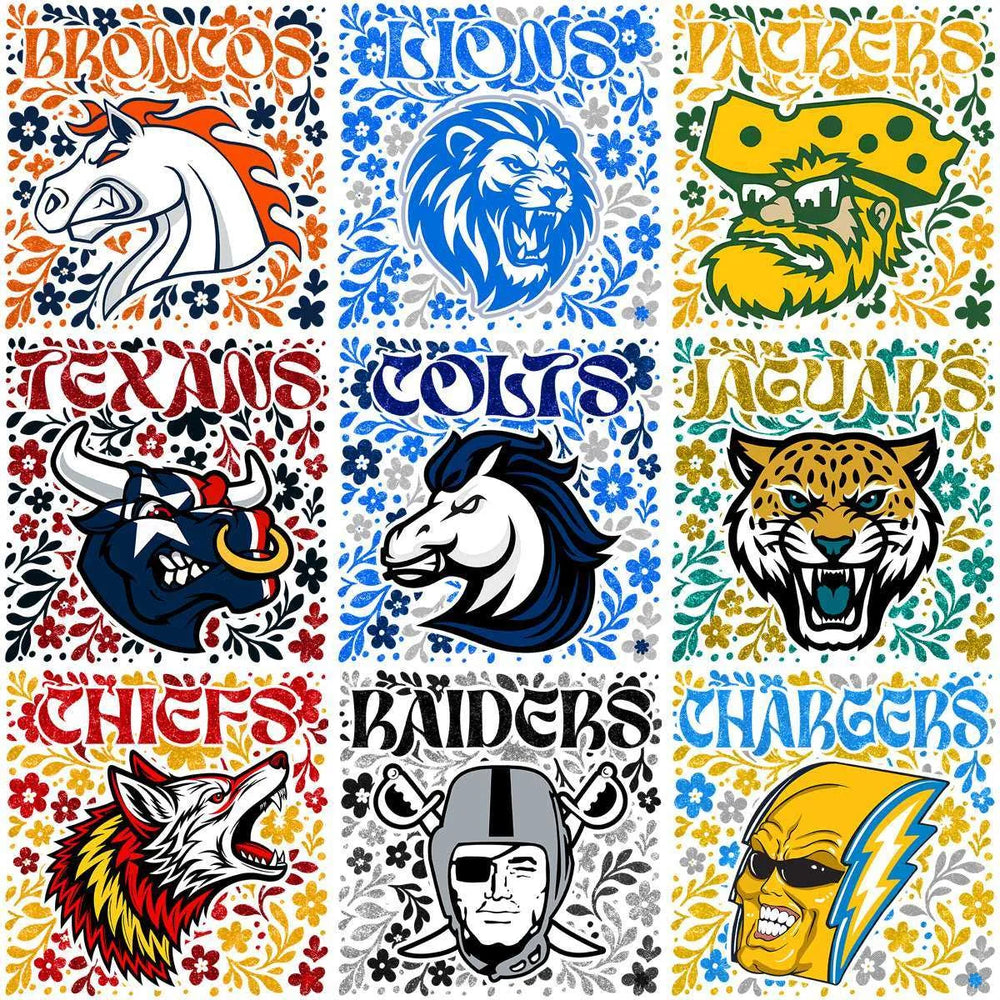 32 Football Teams Floral Glitter Mascots Designs Bundle PNG