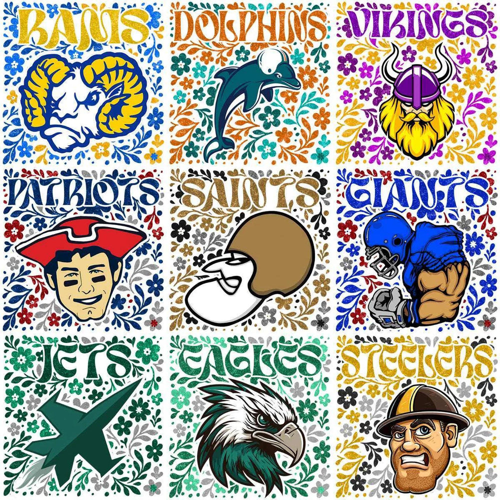 32 Football Teams Floral Glitter Mascots Designs Bundle PNG