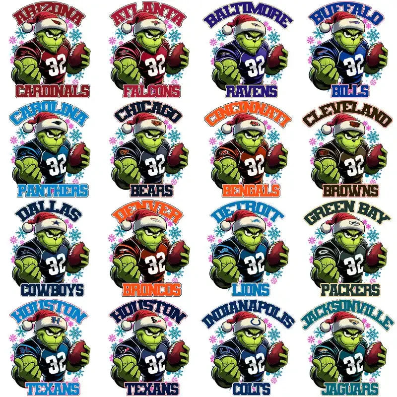 32 Football Teams Grinch Snowflakes Designs Bundle PNG