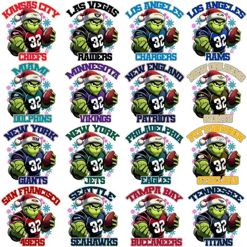 32 Football Teams Grinch Snowflakes Designs Bundle PNG