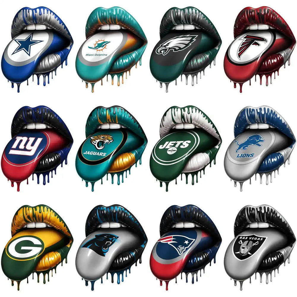 32 Football Teams Logo Dripping Lips Tongue Out Designs Bundle PNG
