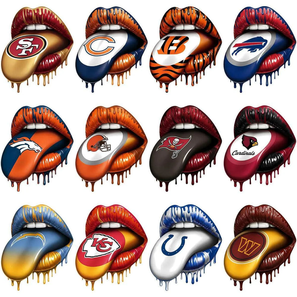 32 Football Teams Logo Dripping Lips Tongue Out Designs Bundle PNG