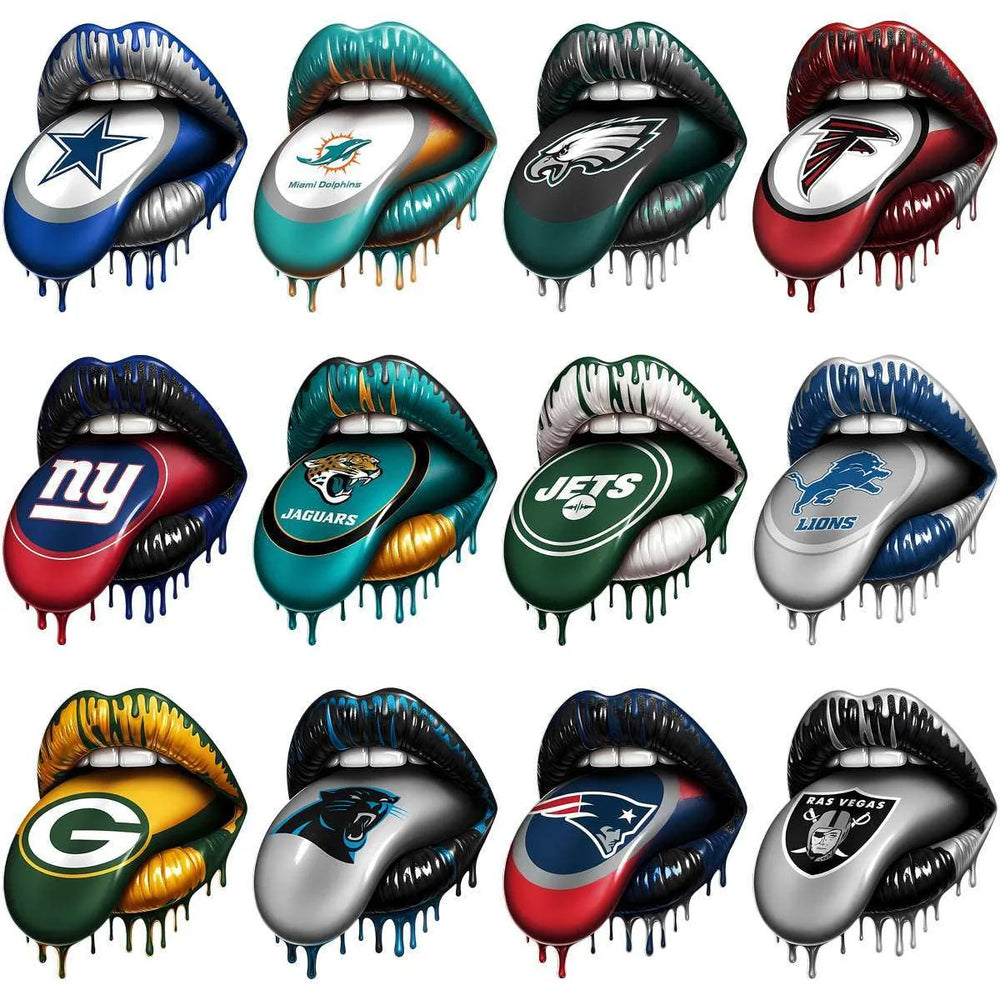 32 Football Teams Logo Dripping Lips Tongue Out Designs Bundle PNG