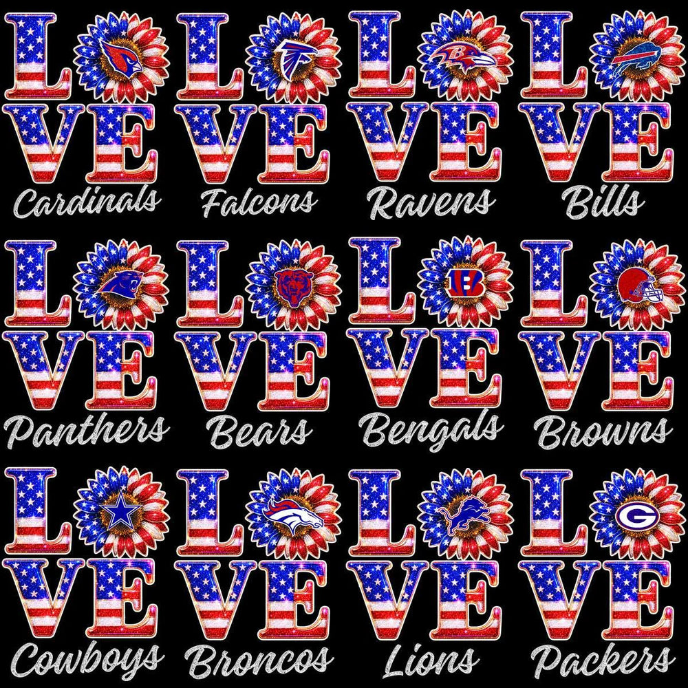 32 Football Teams Patriotic Love Glitter Flower USA Designs Bundle PNG