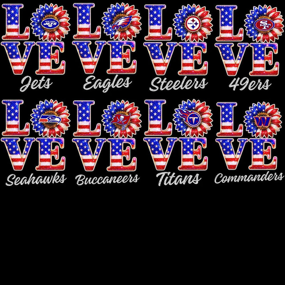 32 Football Teams Patriotic Love Glitter Flower USA Designs Bundle PNG