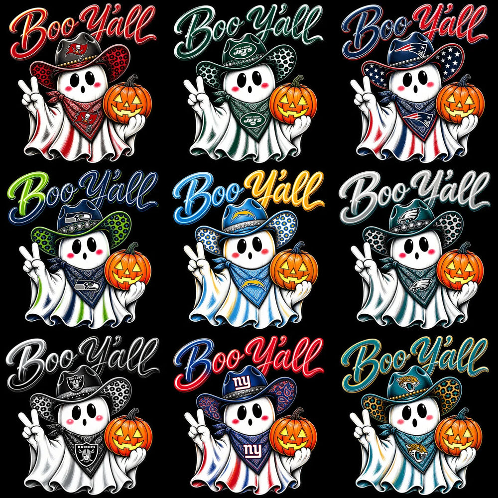 32 Ghost Boo Y'all Football Teams Halloween Designs Bundle PNG