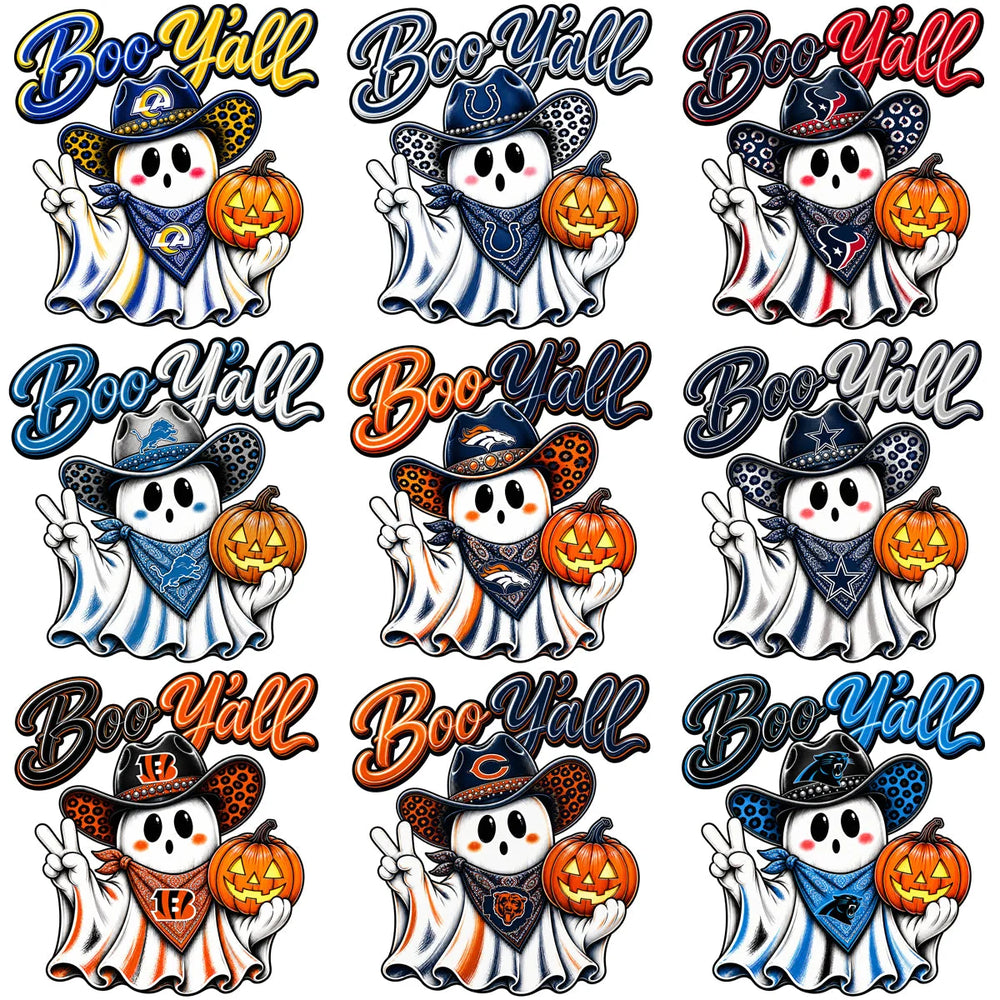 32 Ghost Boo Y'all Football Teams Halloween Designs Bundle PNG