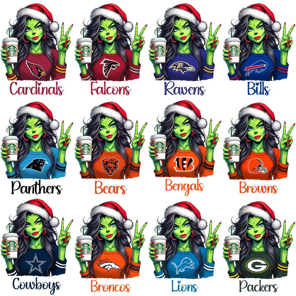 32 Grinch Lady Starbucks Christmas Football Teams Designs Bundle PNG