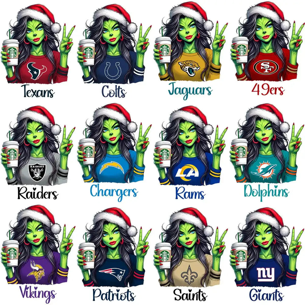 32 Grinch Lady Starbucks Christmas Football Teams Designs Bundle PNG