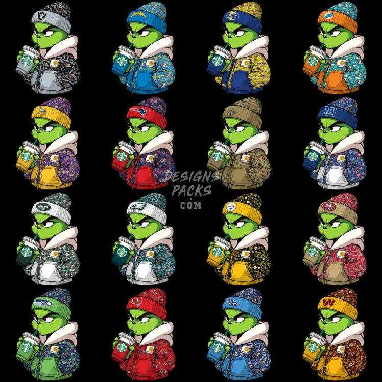 32 Grinch With Drink Football Teams Designs Bundle Png
